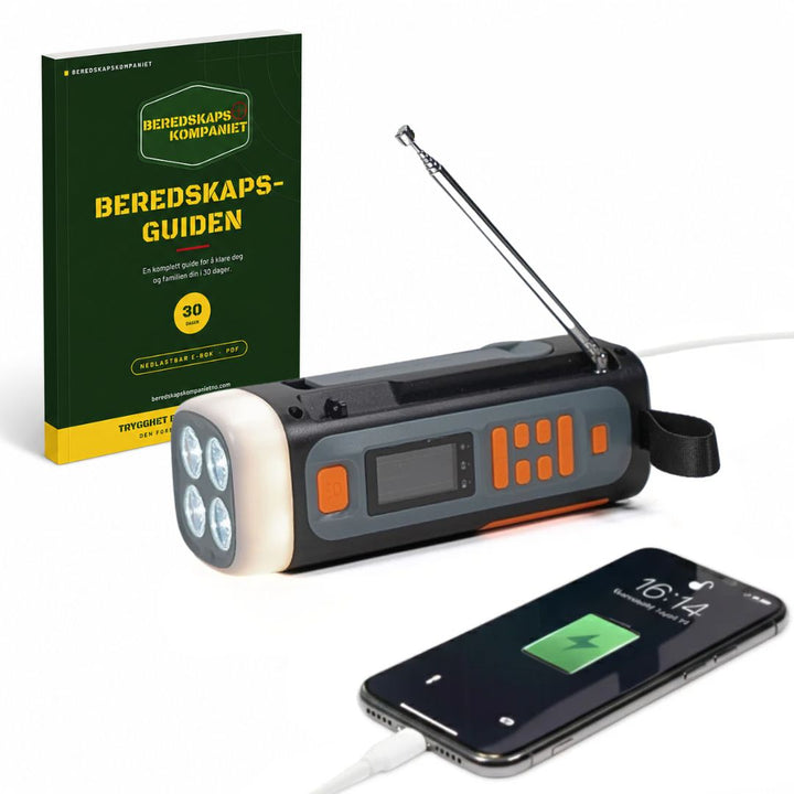 Nødradio DAB+ – 4 500 mAh med powerbank, lommelykt og sveivgenerator