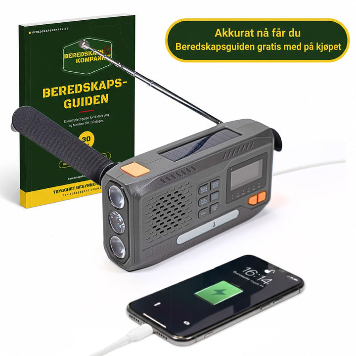 Nødradio DAB+ – 4 500 mAh med AAA-batterier, powerbank og sveivgenerator