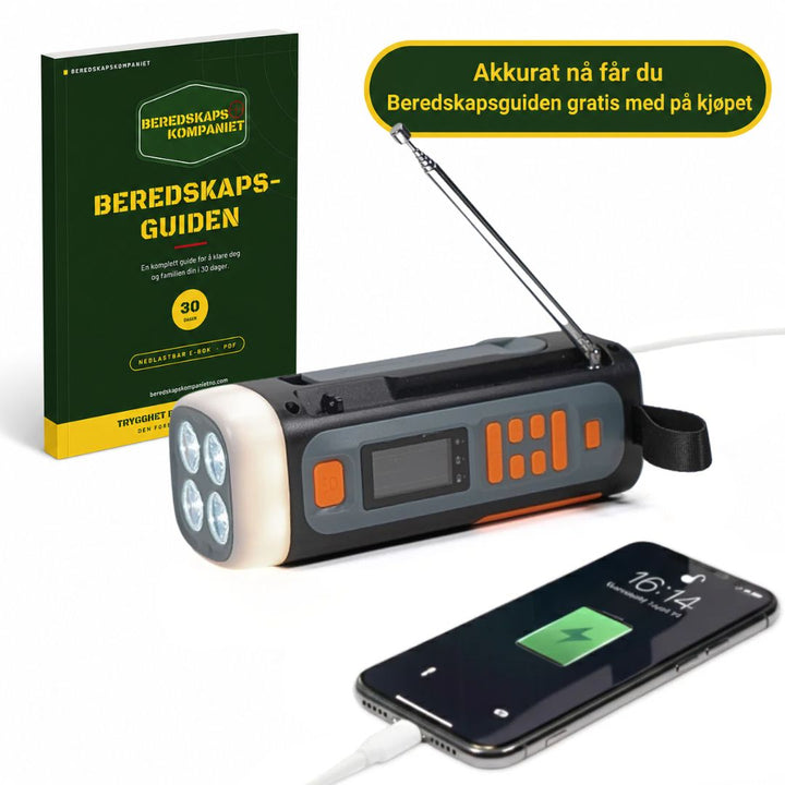 Nødradio DAB+ – 4 500 mAh med powerbank, lommelykt og sveivgenerator
