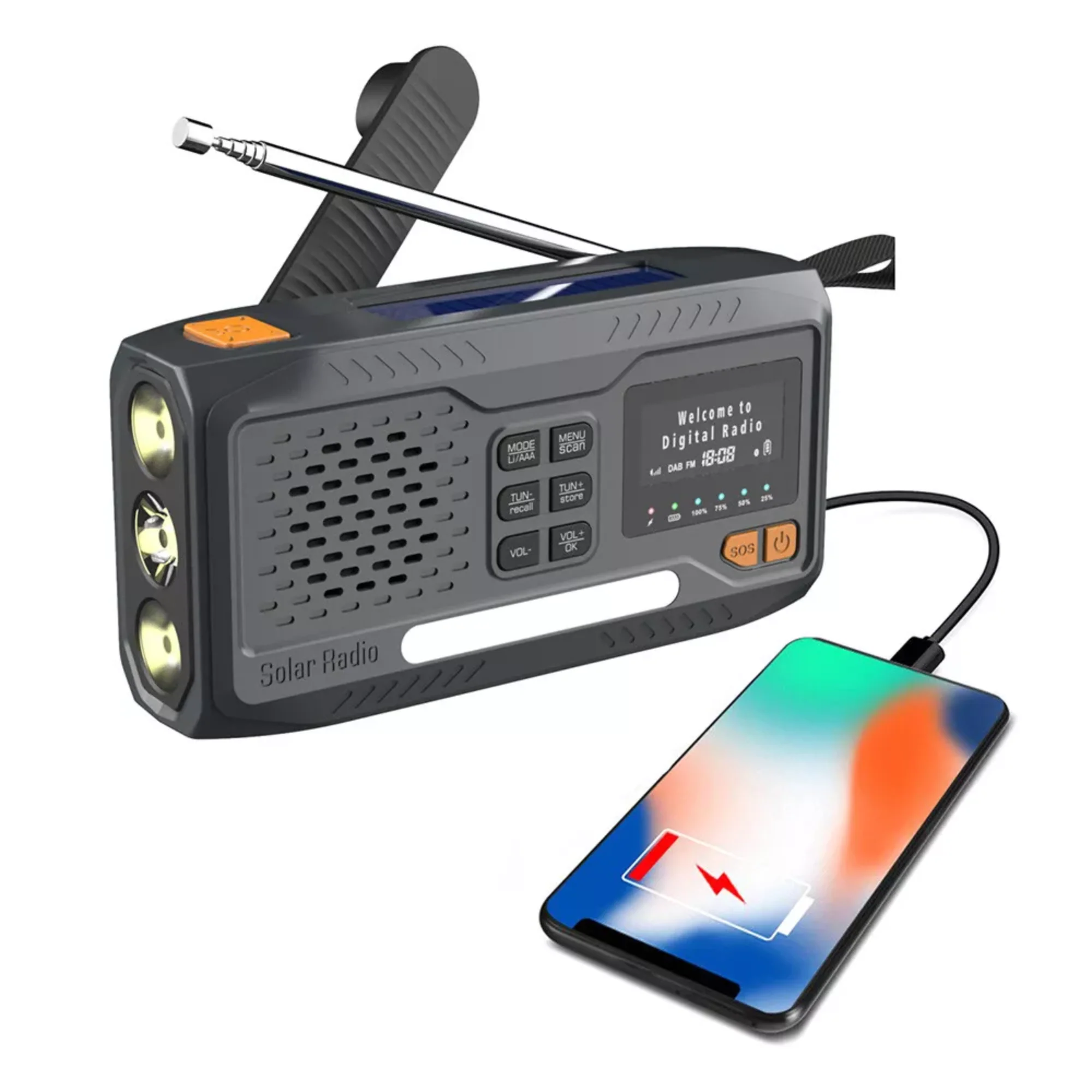 Nødradio - 4500 mAh DAB+/FM-radio, powerbank, lommelykt, sveivgenerator, AAA-batterier