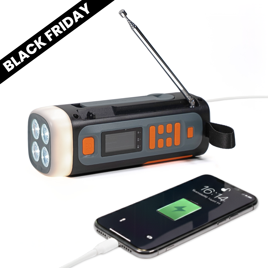 Nødradio - 4 500mAh DAB+/FM-radio, innebygd Powerbank, lommelykt, sveiv generator for nødsituasjoner