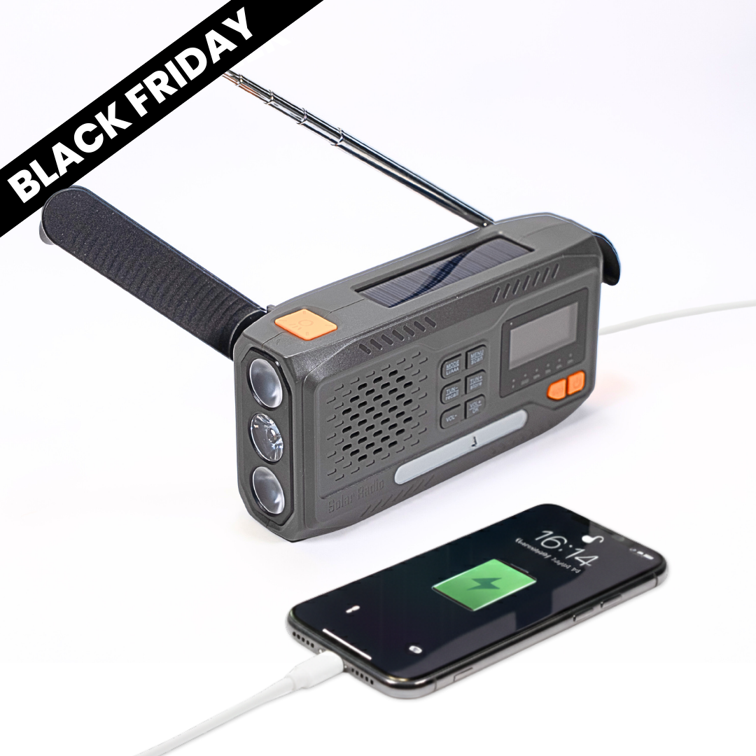 Nødradio - 4500 mAh DAB+/FM-radio, AAA-batterier, powerbank, lommelykt, sveivgenerator,