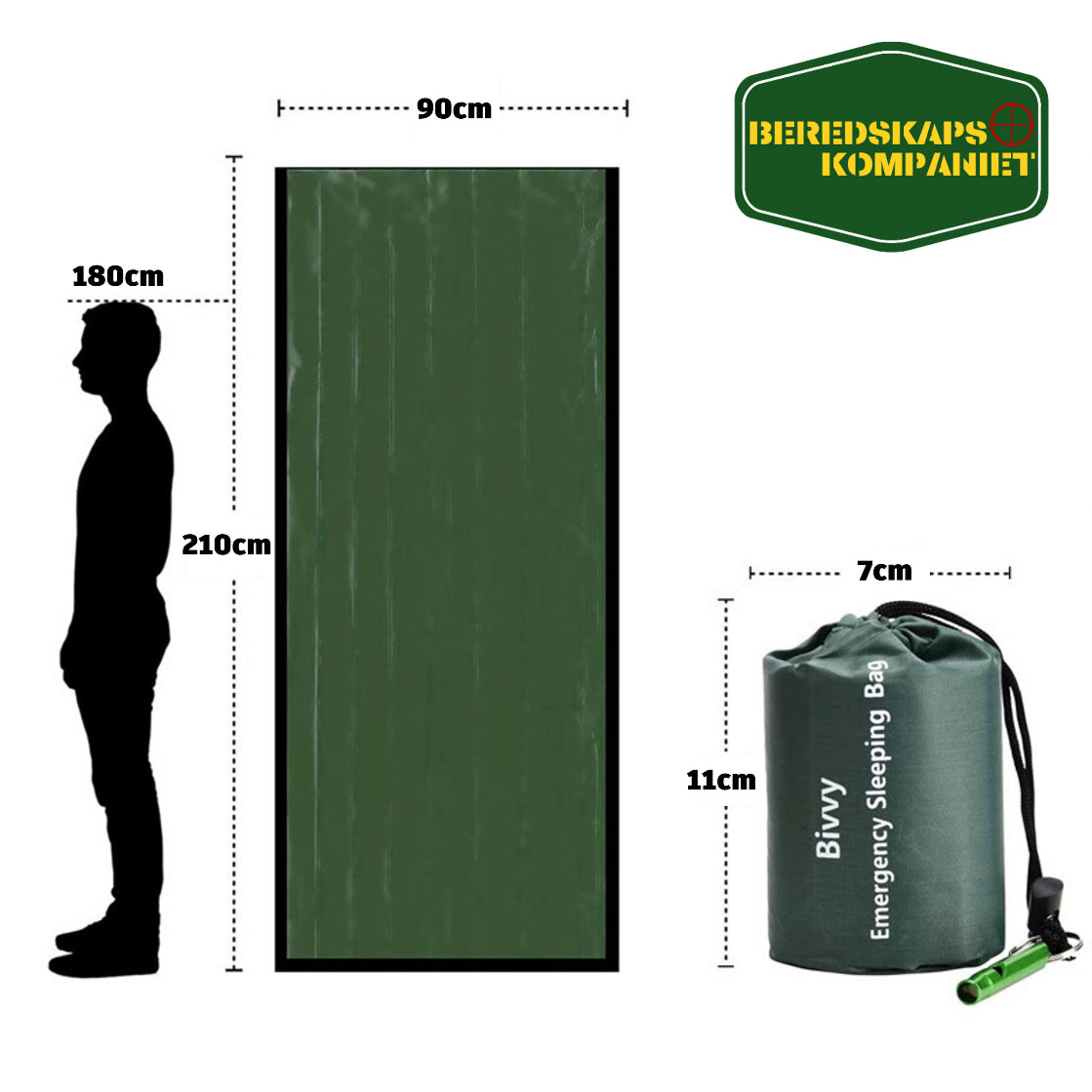 Bivy bag nødsovepose mål og spesifikasjon