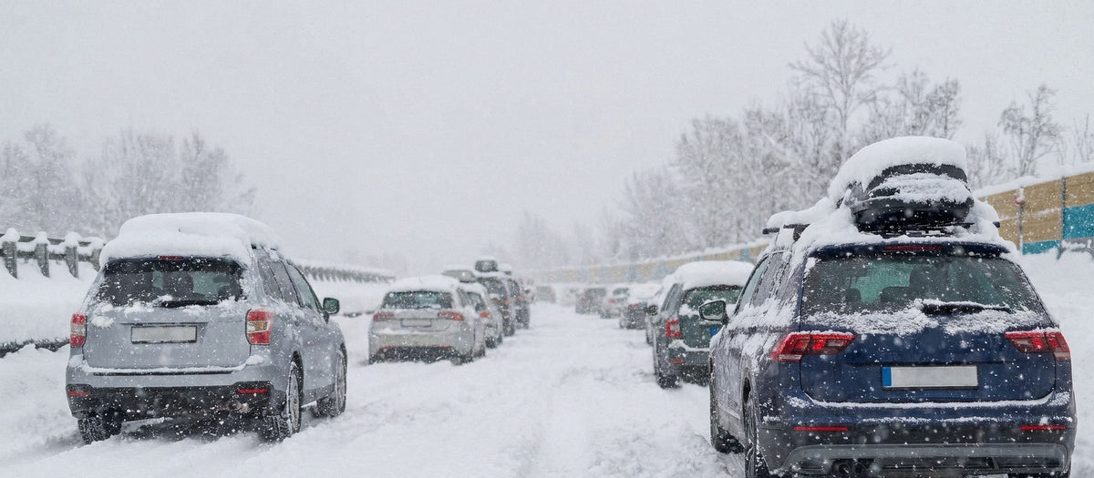 Bilkø på snødekt motorvei i snøstorm